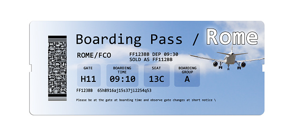 Airline boarding pass tickets to New York isolated on white - The contents of the image are totally invented.  