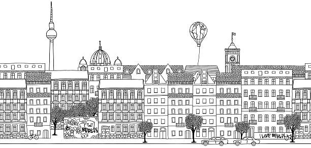 Seamless banner of Berlin's skyline Hand drawn black and white panorama illustration of Berlin's skyline germany illustrations stock illustrations