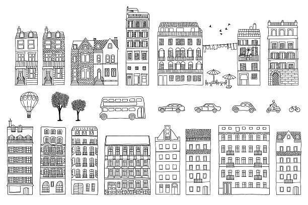 Collection of hand drawn European style houses Collection of hand drawn cute houses, cars, bus, trees and hot air balloon monochrome house stock illustrations