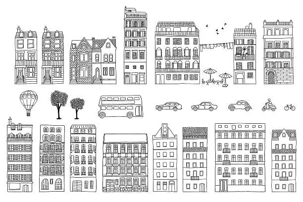 Vector illustration of Collection of hand drawn European style houses