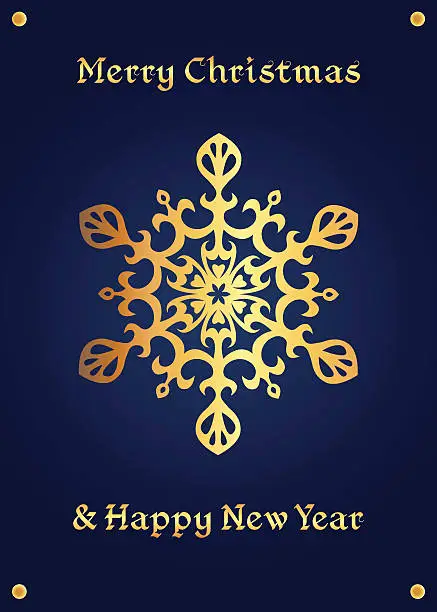 Vector illustration of Elegant golden snowflake on a deep blue background, christmas card