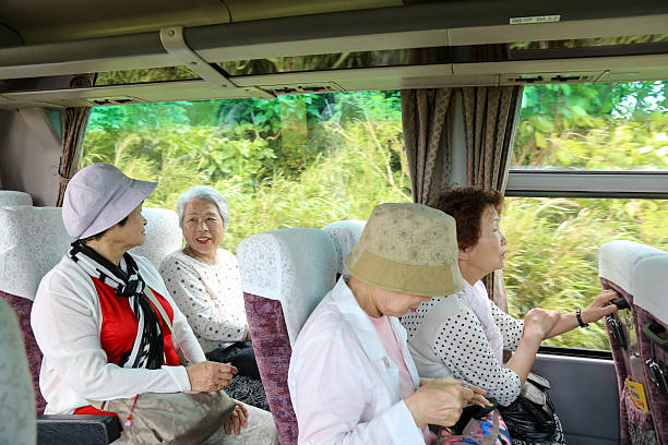 viaje en autobús, mujer anciana - bus family travel destinations women fotografías e imágenes de stock