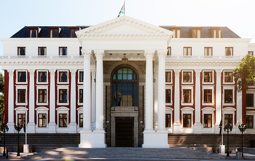 Facade of the South African parliament building which houses the National Assembly chamber in the Parliament precinct in Cape Town, South Africa.