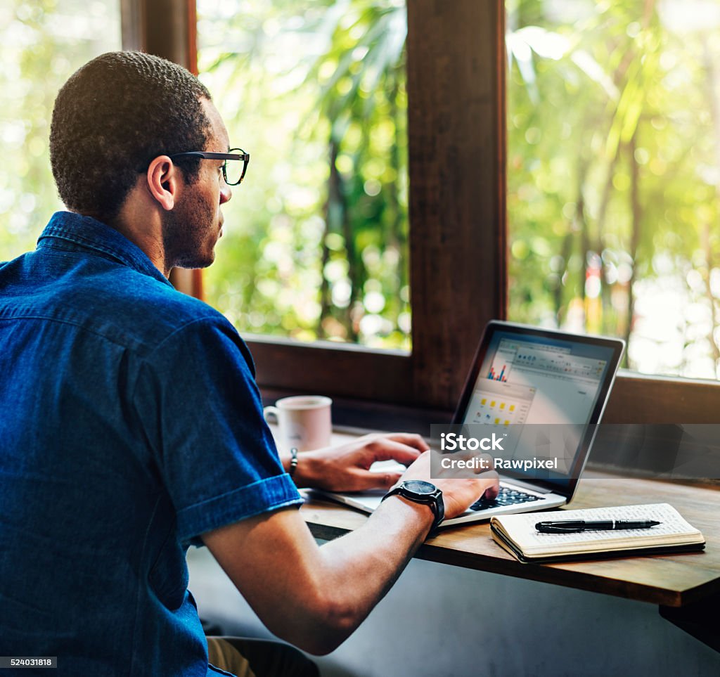 Man Working Coffee Shop Connecting Laptop Concept Adult Stock Photo