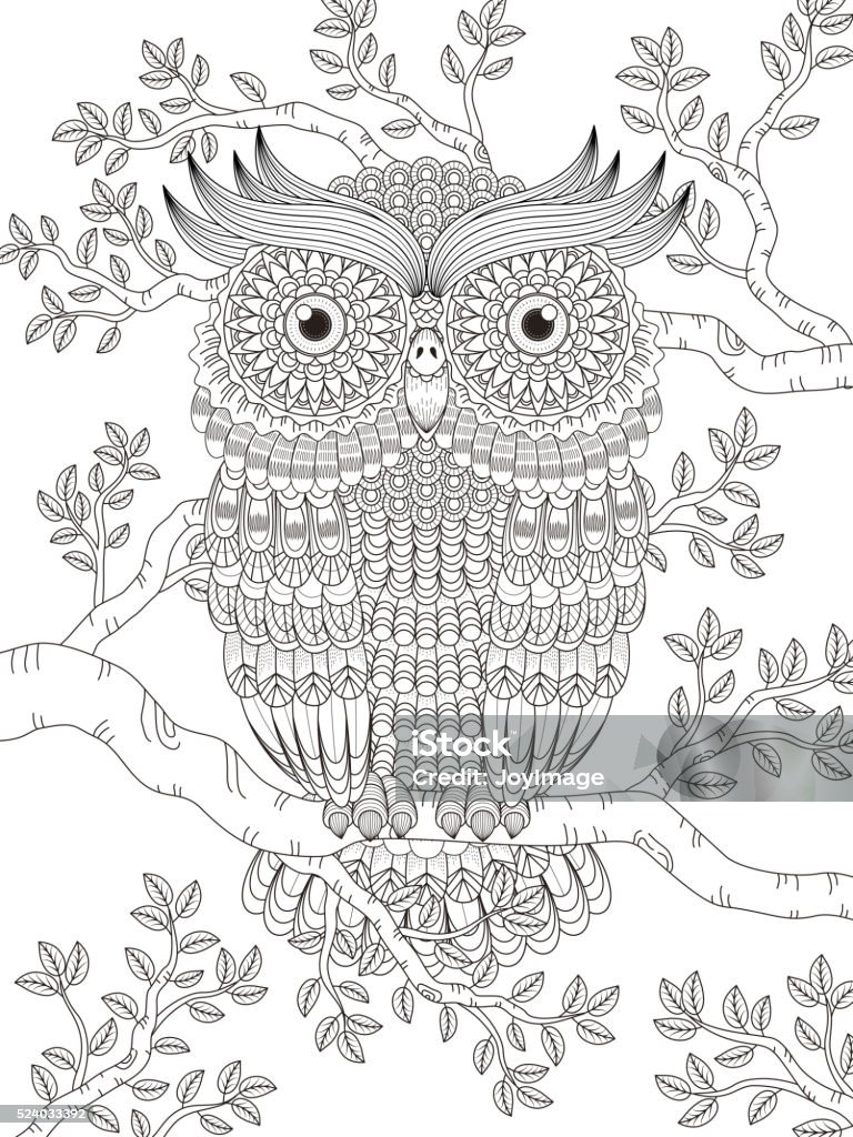 adult coloring page with gorgeous owl adult coloring page with gorgeous owl in the tree Coloring Book Page - Illlustration Technique stock vector