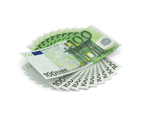 Stack of hundred Euros isolated on white, one thousand Euros. 3D rendering with clipping path