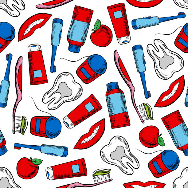 Oral hygiene and dental care seamless pattern Oral hygiene and dental care colorful background with sketchy seamless pattern of healthy teeth, toothbrushes, floss boxes, toothpaste, pretty smile and red apples fruits. May be used as dentistry, health care theme or textile print design toothbrush toothpaste backgrounds beauty stock illustrations