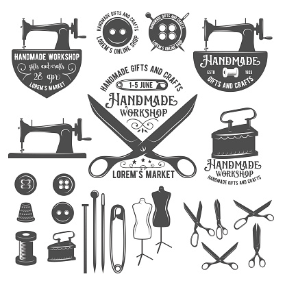 Set of tailor labels, badges, design elements and emblems. Tailor shop design elements vector. Sewing machine. Sewing needle. Sewing buttons. Sewing thread. Seving pin. Sewing tools. Tailor dummy. 