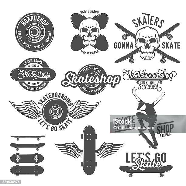 Set Of Vintage Badges With Skateboard Stock Illustration - Download Image Now - Skateboarding, Skateboard, Wheel