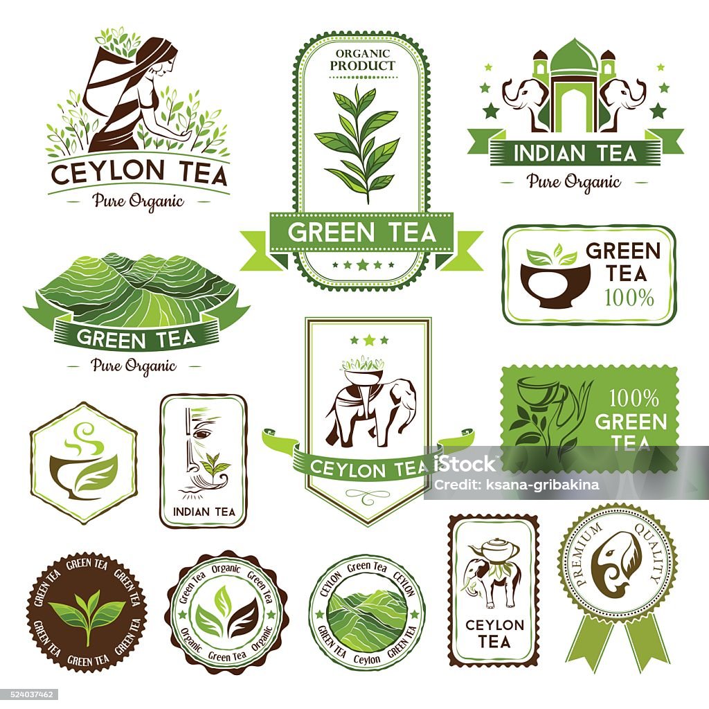 Green, indian and ceylon tea labels Green, indian and ceylon tea labels, badges and banners. Tea decorative elements for package design Badge stock vector