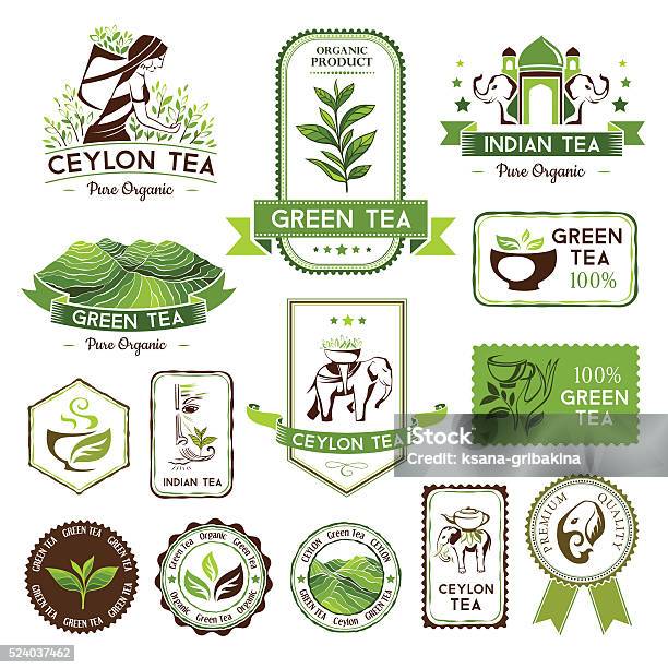 Green Indian And Ceylon Tea Labels Stock Illustration - Download Image Now - Badge, Banner - Sign, Black Color