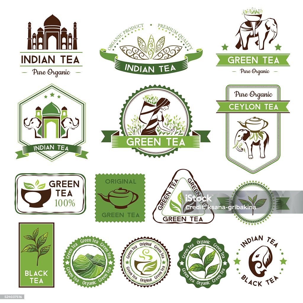 Green, ceylon and black tea labels Green, indian, ceylon and black tea labels, badges and banners. Tea decorative elements for package design Badge stock vector