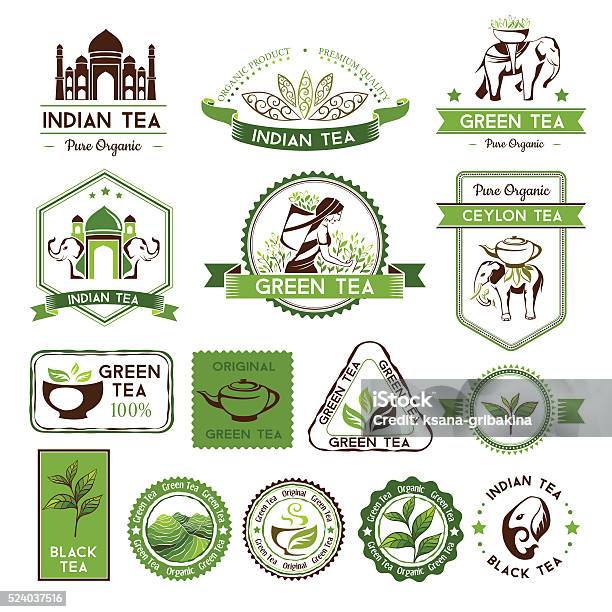 Green Ceylon And Black Tea Labels Stock Illustration - Download Image Now - Badge, Banner - Sign, Black Color