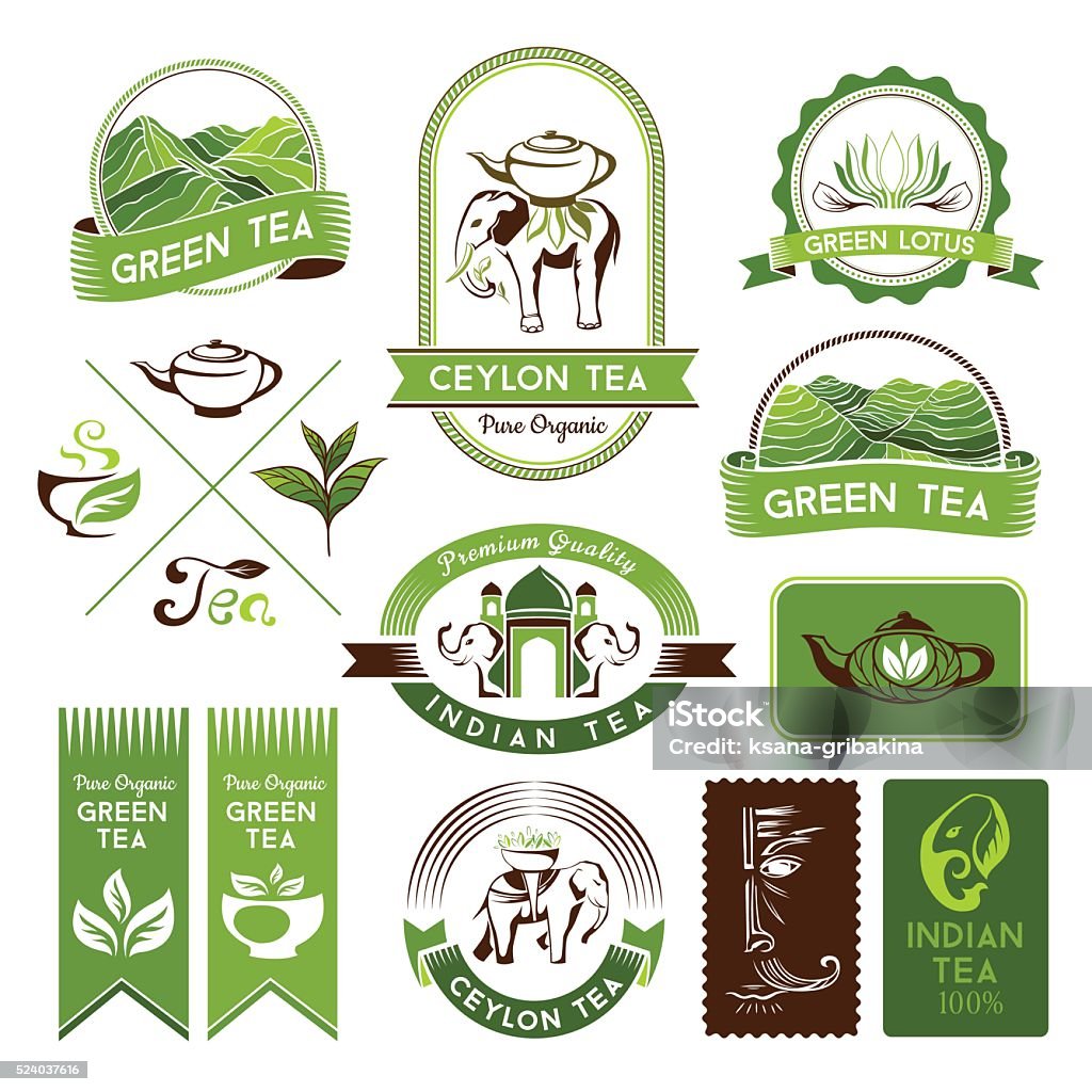 Green, indian and black tea labels Green, indian, ceylon and black tea labels and badges. Tea decorative elements for package design Badge stock vector
