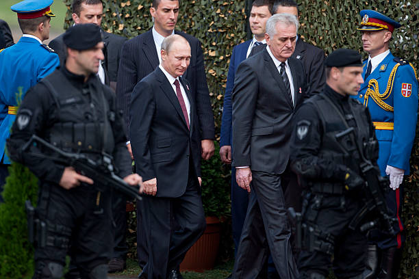 Belgrade, Serbia - October 16, 2014: Russian President Vladimir Putin and Serbian President Tomislav Nikolić  during the military parade \