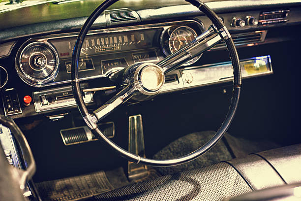 istock Vintage car steering wheel and dashboard 524050625
