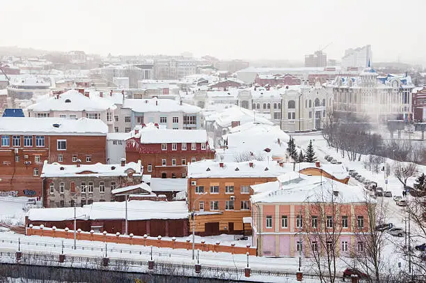 Tomsk, Russia. Aerial view of the old city in winter