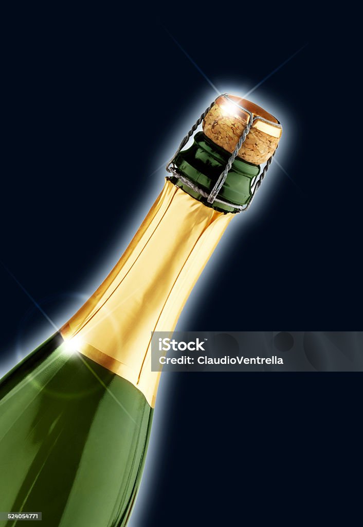 champagne bottle on black background close up of champagne bottle isolated on black background Alcohol - Drink Stock Photo