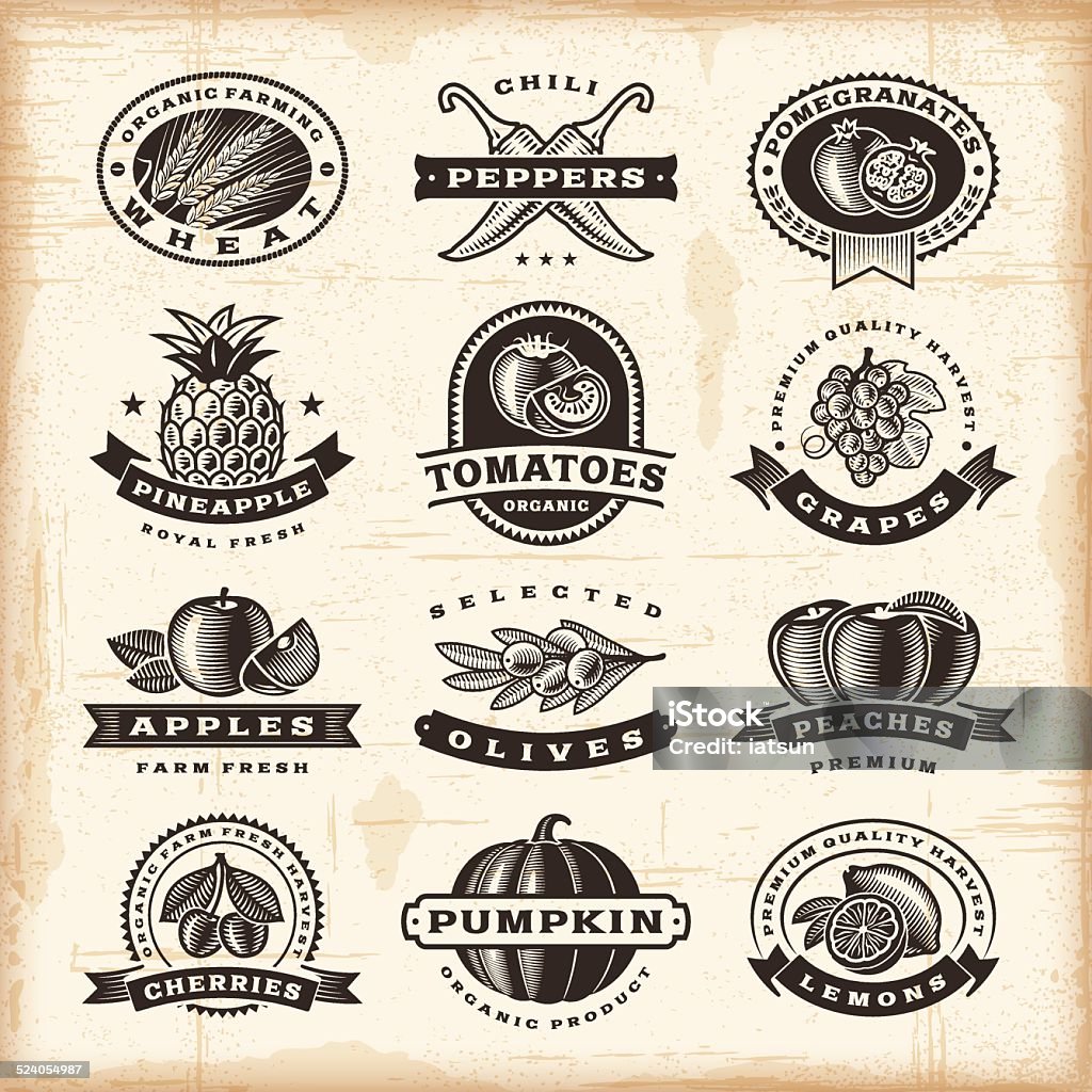 Vintage fruits and vegetables labels set A set of fully editable vintage fruits and vegetables labels in woodcut style. EPS10 vector illustration. Includes high resolution JPG. Retro Style stock vector