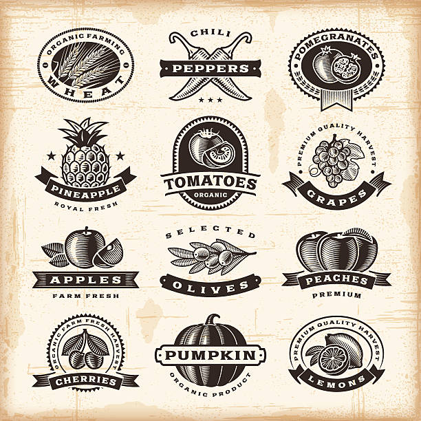 Vintage fruits and vegetables labels set A set of fully editable vintage fruits and vegetables labels in woodcut style. EPS10 vector illustration. Includes high resolution JPG. chili pepper pattern stock illustrations
