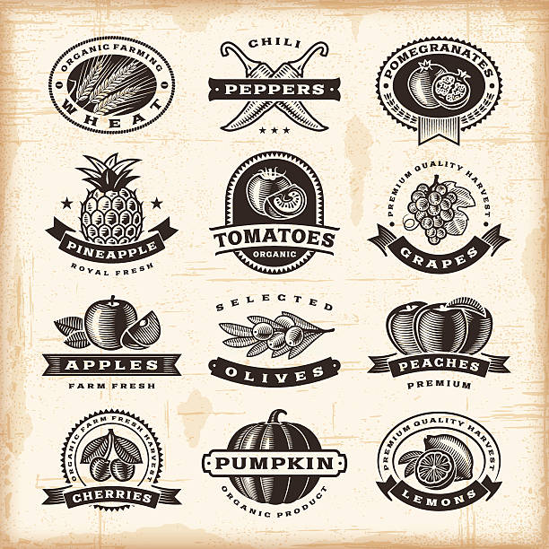 Vintage fruits and vegetables labels set A set of fully editable vintage fruits and vegetables labels in woodcut style. EPS10 vector illustration. Includes high resolution JPG. chili pepper border stock illustrations