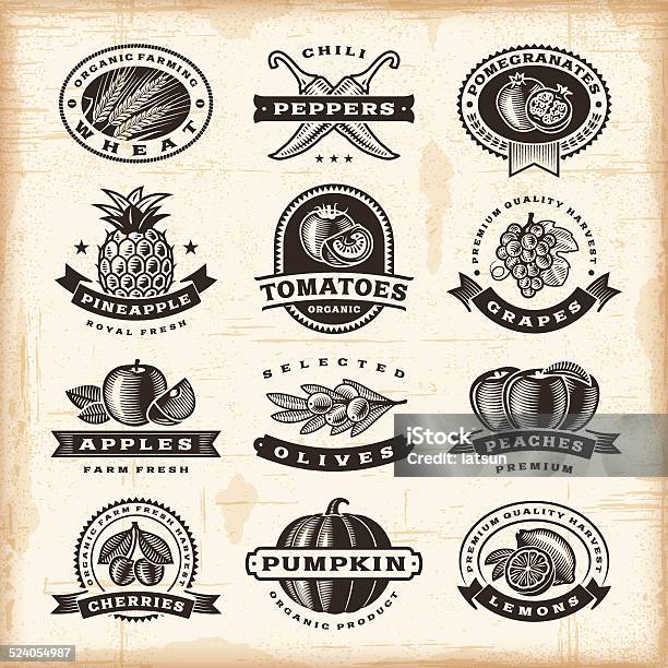 Vintage Fruits And Vegetables Labels Set Stock Illustration - Download Image Now - Retro Style, Old-fashioned, Woodcut