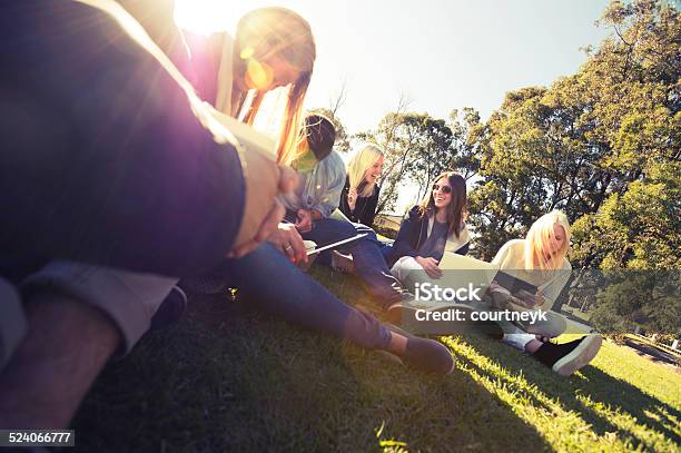 Group Of Young People Using Technology Stock Photo - Download Image Now - University Student, Public Park, Low Angle View
