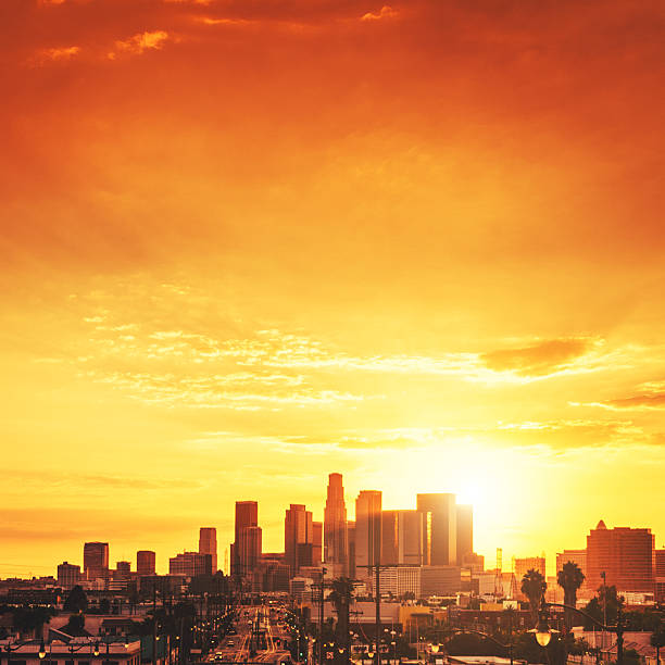 the Los Angeles downtown skyline at sunset