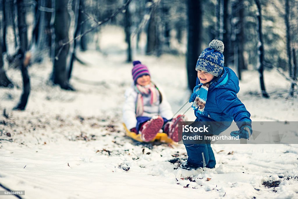 Kleine Bruder ziehen große Schwester auf Schlitten. - Lizenzfrei Kind Stock-Foto