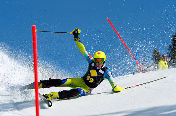 istock Front View of Young Man Sliding During Slalom Ski Race 524069741