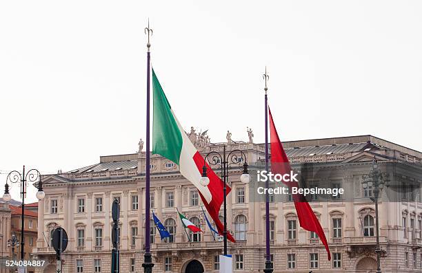 Italian And Trieste Flags Stock Photo - Download Image Now - Banner - Sign, Blowing, Built Structure