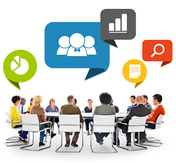 istock Group of People in Meeting with Speech Bubbles 524085169