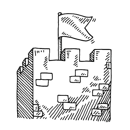 Hand-drawn vector drawing of a Medieval Stronghold Tower and a White Flag. Black-and-White sketch on a transparent background (.eps-file). Included files are EPS (v10) and Hi-Res JPG.
