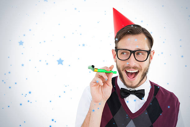 istock Geeky hipster in party hat with horn 524087729