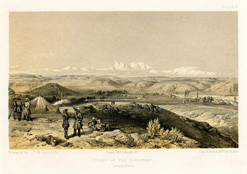 Vintage engraving showing a scene from the Crimean War 1853 to 1856, a conflict in which Russia lost to an alliance of France, Britain, the Ottoman Empire, and Sardinia. Vallley of the Tchernaya (Chernaya)