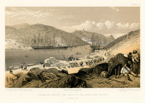 Vintage engraving showing a scene from the Crimean War 1853 to 1856, a conflict in which Russia lost to an alliance of France, Britain, the Ottoman Empire, and Sardinia. Balaklava showing the state of the Queys and the Shipping, May 1855.