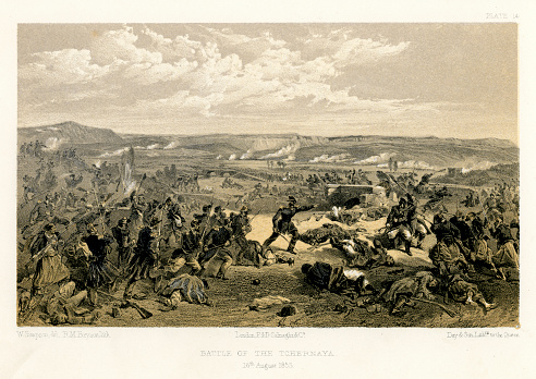 Vintage engraving showing a scene from the Crimean War 1853 to 1856, a conflict in which Russia lost to an alliance of France, Britain, the Ottoman Empire, and Sardinia. Battle of the Chernaya fought during the Crimean War on August 16, 1855. The battle was fought between Russian troops and a coalition of French, Sardinian and Ottoman troops. The Chernaya River is on the outskirts of Sevastopol. The battle ended in a Russian retreat and a victory for the French.