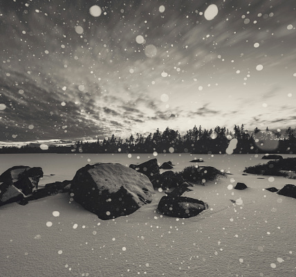 A light snow falls over a frozen lake in twilight.  Toned black and white.