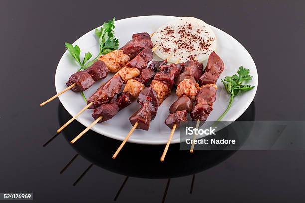 Raw Liver Kebab On A Plate Stock Photo - Download Image Now - Barbecue - Meal, Barbecue Grill, Chicken - Bird