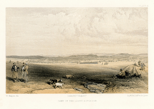 Vintage engraving showing a scene from the Crimean War 1853 to 1856, a conflict in which Russia lost to an alliance of France, Britain, the Ottoman Empire, and Sardinia. Camp of the Light Division