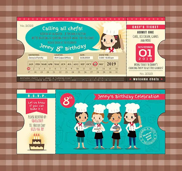 Vector illustration of Boarding Pass Ticket Birthday card Template with chefs cooking theme