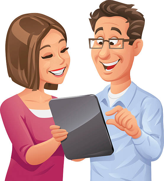 Man And Woman Using Digital Tablet Young happy couple or co-workers using a digital tablet computer, on white background. Smart Casual stock illustrations
