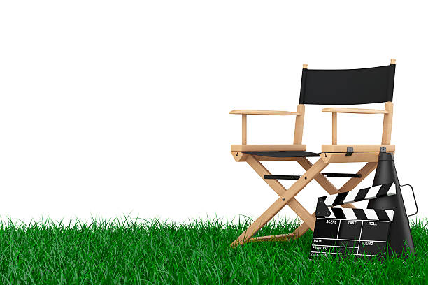 istock Director Chair, Movie Clapper and Megaphone over Grass. 3d Rende 524148678