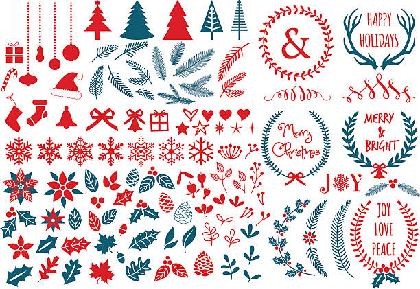 ilustrações de stock, clip art, desenhos animados e ícones de elementos de design de natal, conjunto de vetor - christmas present bow christmas snowflake