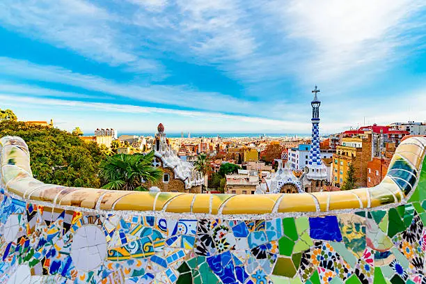 Park Guell Gaudi mosaic bench terrace panorama, Catalonia ,Spain