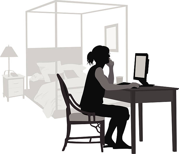 BedroomComputer A woman sits at her home office in her bedroom. working at home study desk silhouette stock illustrations