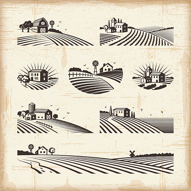 Retro landscapes A set of retro landscapes in woodcut style. Editable EPS10 vector illustration with clipping mask. Includes high resolution JPG. farm stock illustrations