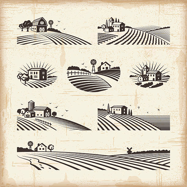 Retro landscapes A set of retro landscapes in woodcut style. Editable EPS10 vector illustration with clipping mask. Includes high resolution JPG. agricultural fields stock illustrations