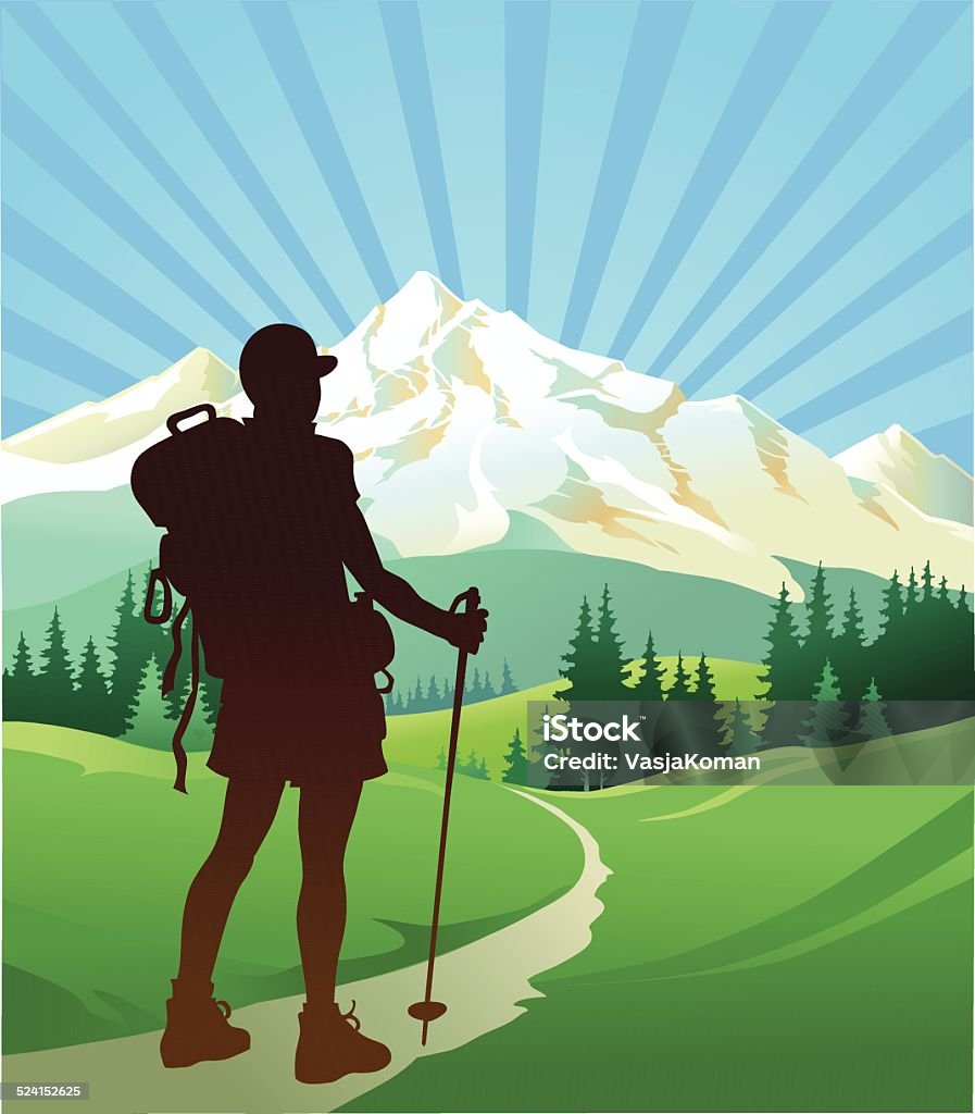 Hiker Looking at the Mountain All images are placed on separate layers for easy editing. Hiking stock vector