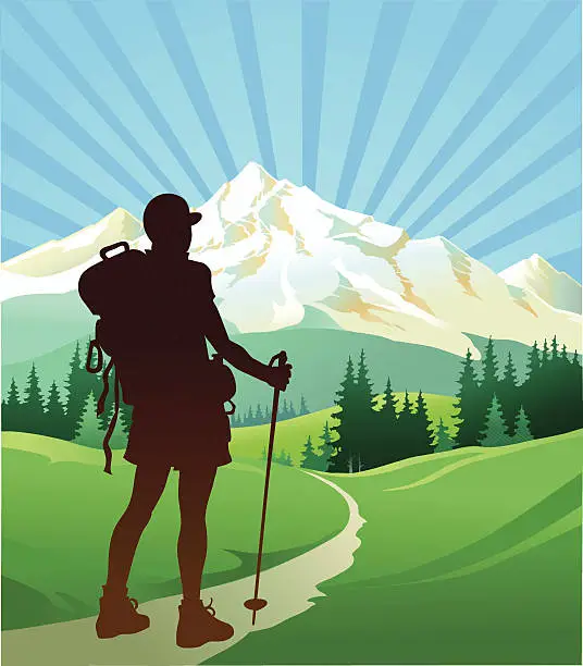 Vector illustration of Hiker Looking at the Mountain